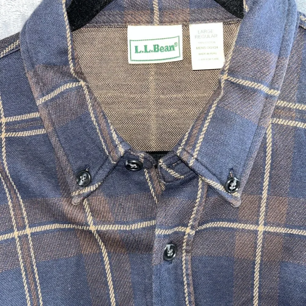 L.L. Bean Men Brown Navy Sz L Long Sleeve Button Up 100% Cotton Stretch‎ Vintage